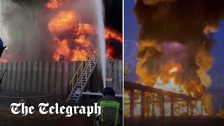 Watch: Russian fuel terminal burns after Ukrainian drone strike