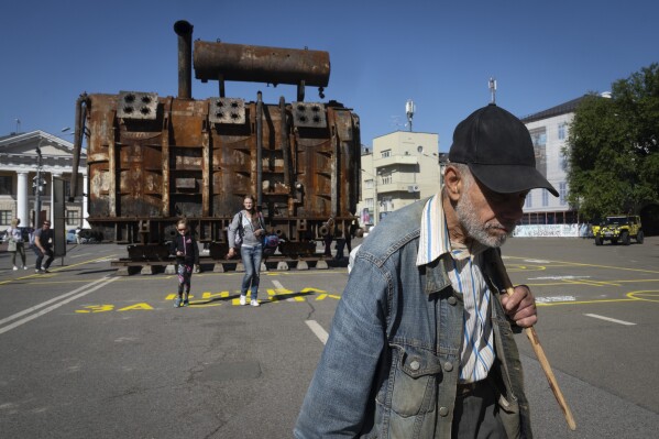 A charred transformer on a Kyiv square makes for an unusual Ukraine war exhibit